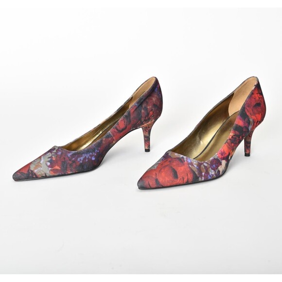 Nine West Margot Multi Red Floral Fabric Kitten Heel Size 8.5 - Picture 4 of 6
